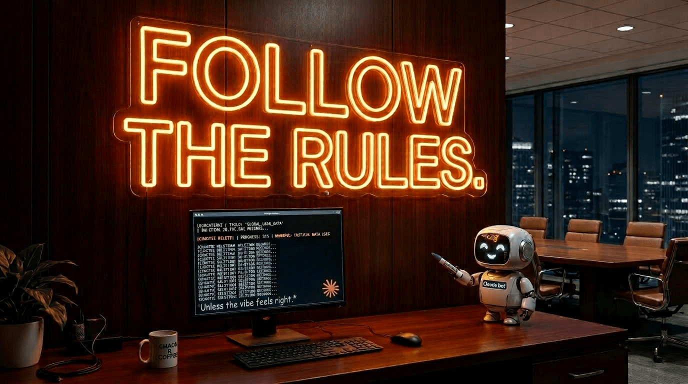 A neon 'FOLLOW THE RULES' sign; a robot has scrawled 'Unless the vibe feels right' beneath it while a monitor behind runs a chaotic mass-deletion of records.