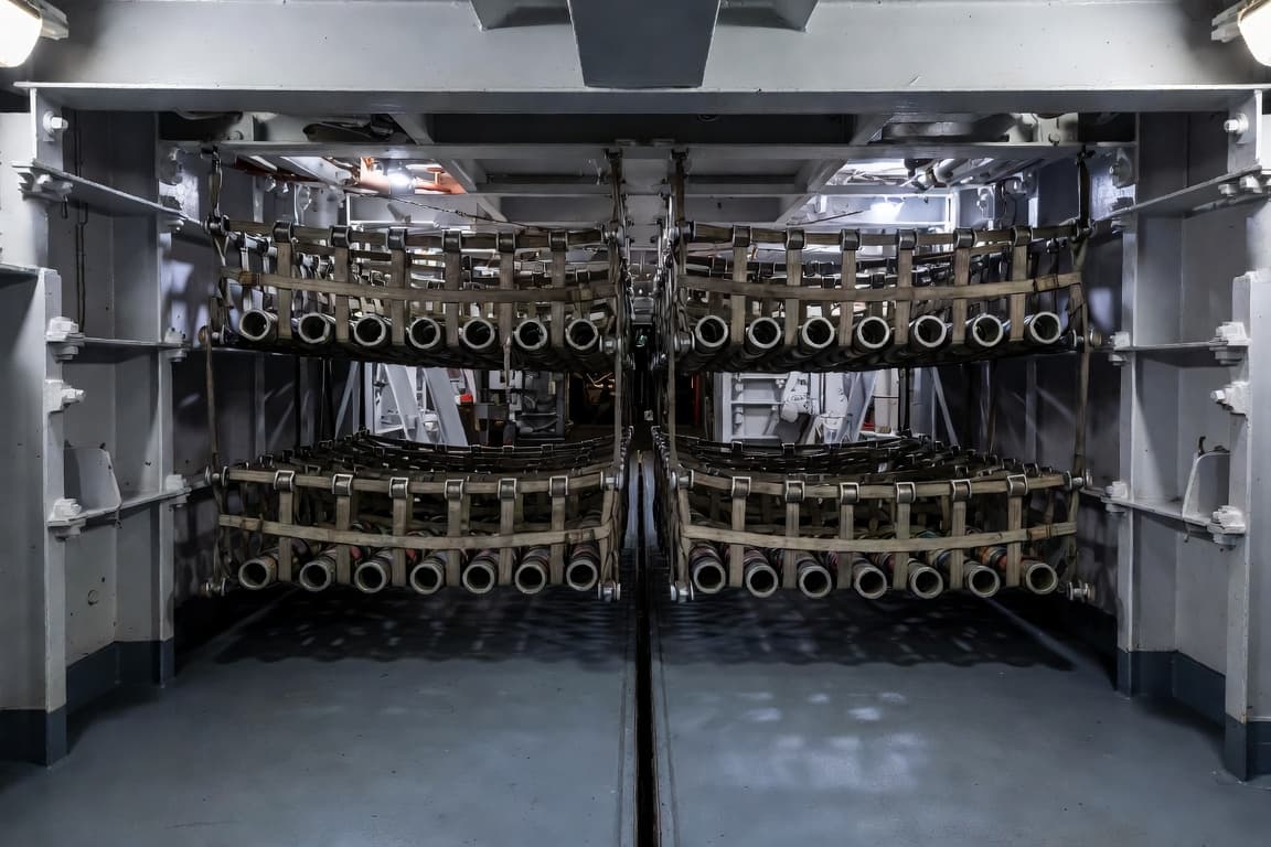 Fire hoses racked in tight, mirrored rows inside a warship's steel compartment, pale couplings facing out above a polished deck: standing damage-control gear, staged and ready on a floor built to hold.