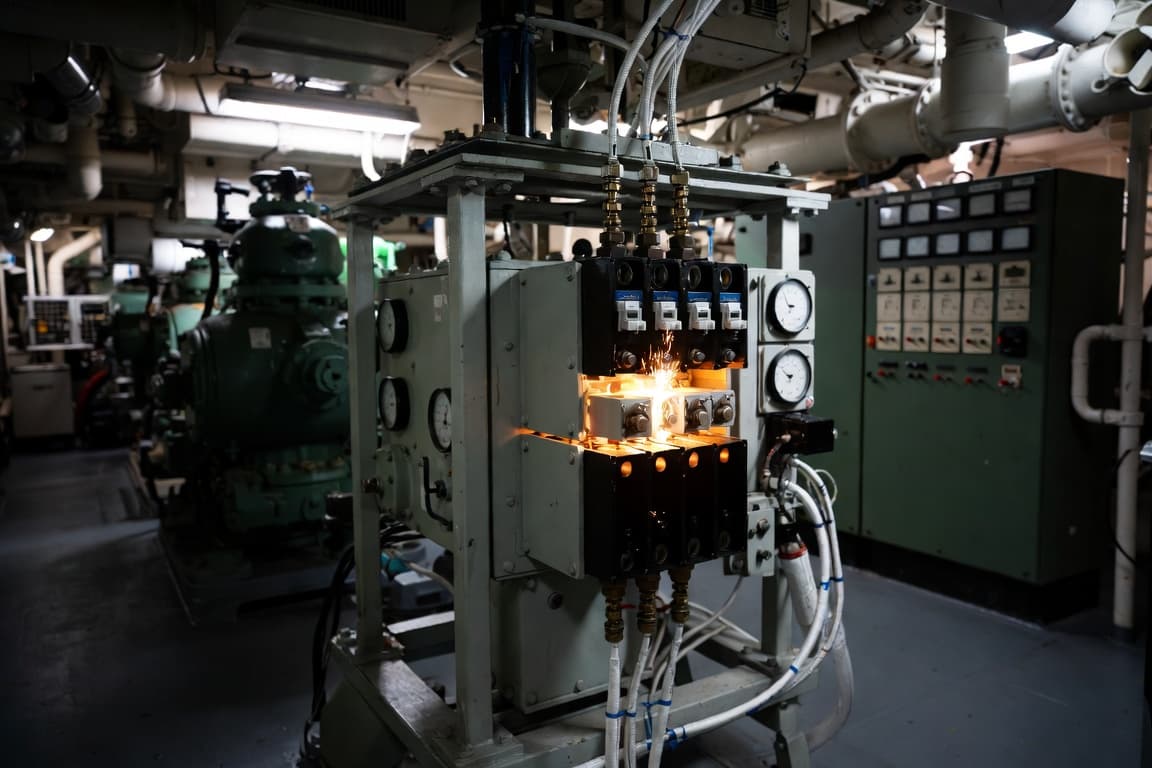 A ship's engine-room control panel at the moment of electrical fault: a bank of breakers glowing molten orange and throwing sparks, flanked by green machinery and a gray switchboard of gauges. A control on the execution path, caught mid-failure.
