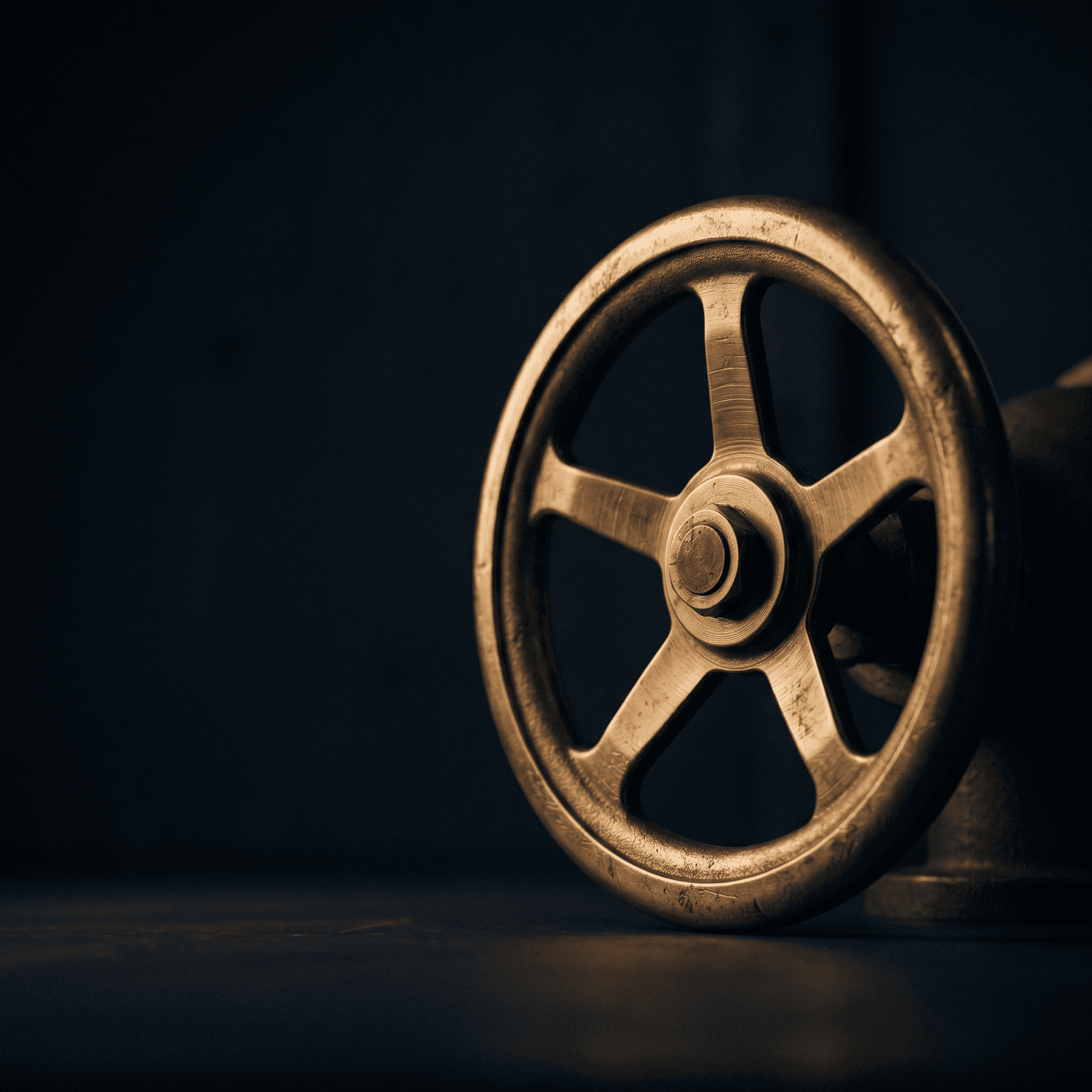 A worn brass valve wheel lit against deep navy shadow — an industrial control whose failure position is set by design.