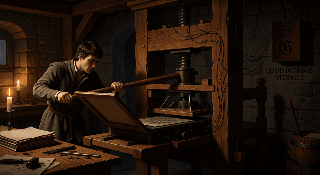 An early printer works a wooden Gutenberg press by candlelight, unaware that thin wires run from the press to a small wall cabinet carved with a watching eye and the motto 'Quod imprimis, videmus' — what you print, we see.