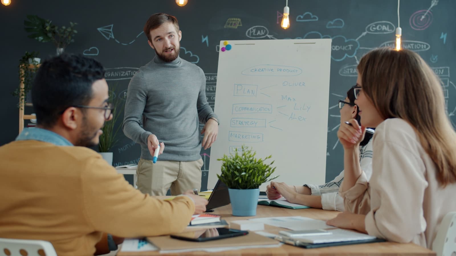 Team collaborating around a whiteboard during a meeting